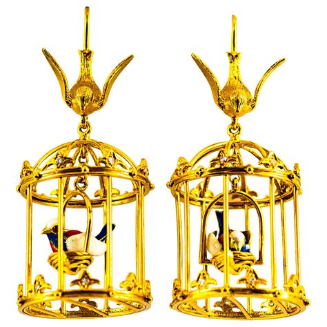 White Diamond Enamel Coral Pearl Yellow Gold Stud Bird Cage Earrings