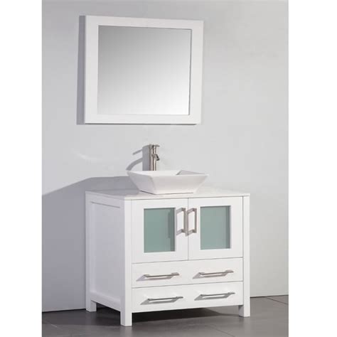 White Artificial Stone Top 36 Inch Vessel Sink Bathroom Vanity And Matching Framed Mirror