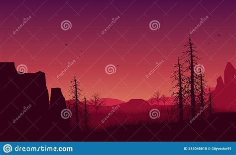 Realistic Mountain View At Sunset From The Cliff Edge With Dry Pine