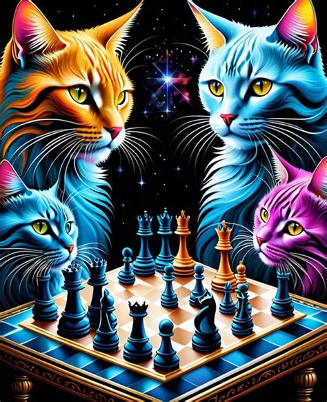 Surreal Abstract Cats Playing Cosmic Chess Galacti Openart