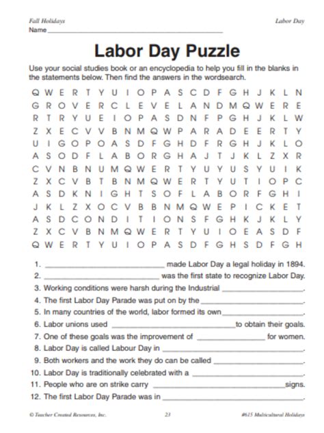 Labor Day Puzzle Printable 3rd 6th Grade Teacher Freebies Fun