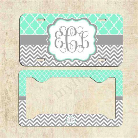 Monogrammed License Plate Mint Lattice Grey Chevron Personalized