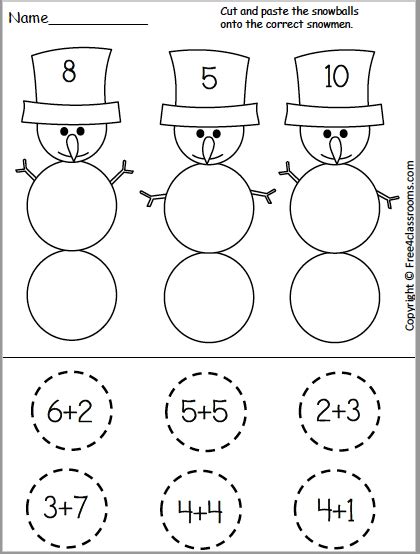 Free Snowman Addition Cut And Paste Worksheet For Kindergarten Free