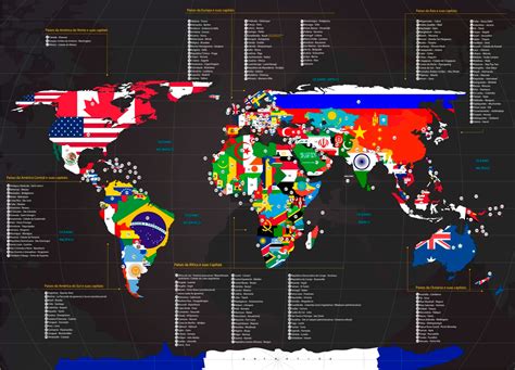 Papel De Parede Mapa Mundi Com Bandeiras E Nomes Dos Países