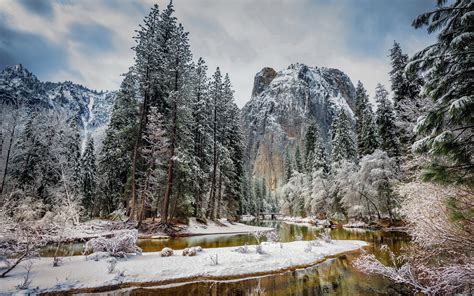 Usa California Yosemite National Park Mountains Trees Snow Winter