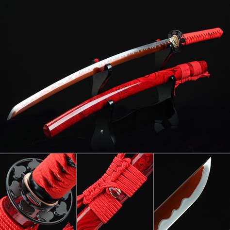 handmade spring steel red blade sharpening real japanese katana samurai sword with red scabbard