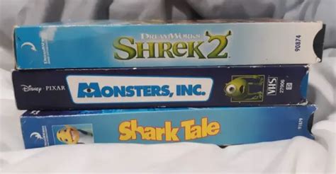 Lot Of 3 Disney Dreamworks Vhs Shark Tale Shrek 2 And Monsters Inc 24