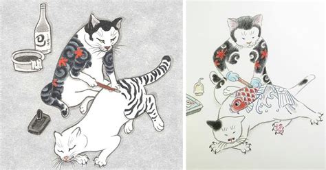 Cats Tattooing Each Other In Surreal Japanese Ink Wash