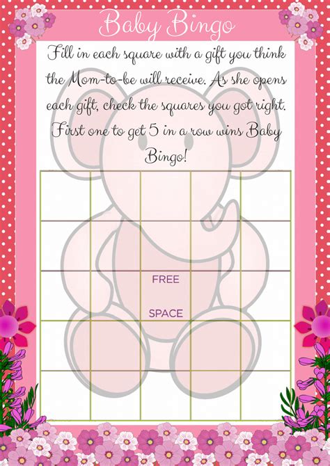 Printable Pink Elephant Baby Shower Bingo Game