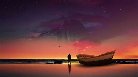 Download Wallpaper 2560x1440 Boat Silhouette Photoshop Shore Ocean