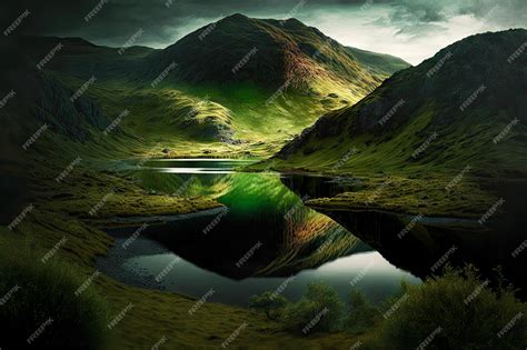Premium Photo Dark Green Mountain Lake Hidden Among Green Hills And Fells