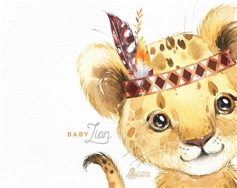 Baby Lion Watercolor Little Animal Clipart Babies Flowers Etsy