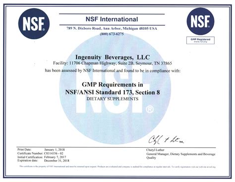 2018 Nsf Certificate Ingenuity Beverages
