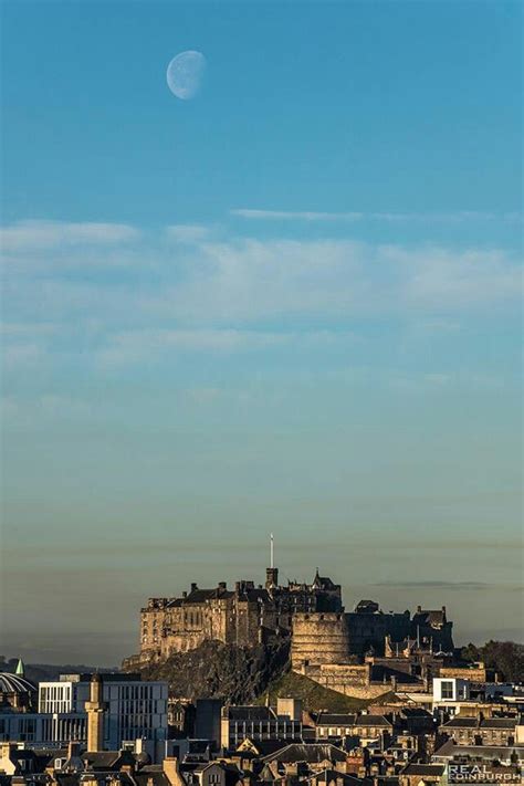 Moon Setting Over Edinburgh Castle Morning 22 Nov 2013 Scotland