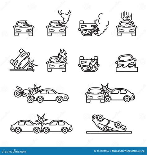 Car Accident Car Crash Related Vector Icon Set Thin Line Style Stock