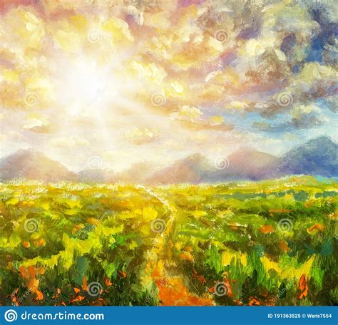 Sunny Day In Mountains Oil Painting Positive Art Sun Rays Dawn Sunset
