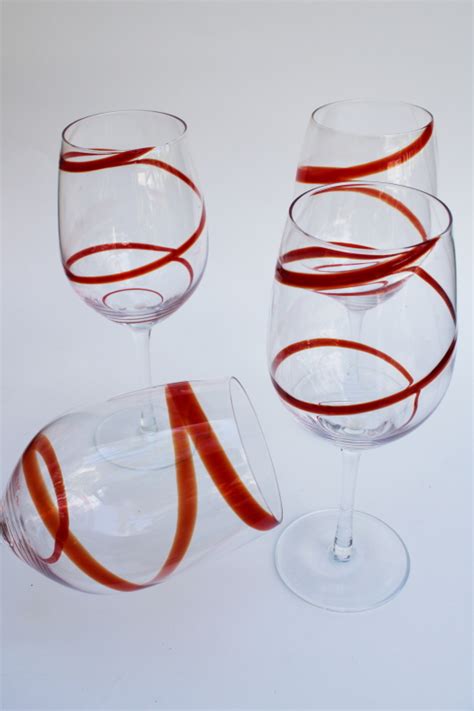 Vintage Pier 1 Swirline Red Crystal Clear Water Goblets Wine Glasses