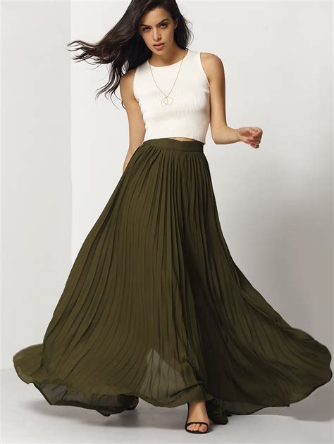 Army Green Pleated Maxi Skirtfor Women Romwe
