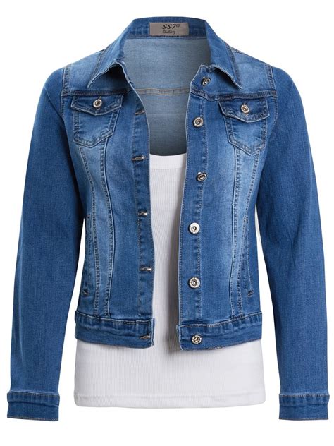 Womens Stretch Fitted Denim Jacket Size 14 12 10 8 6 Ladies Jean Jackets Blue Ebay