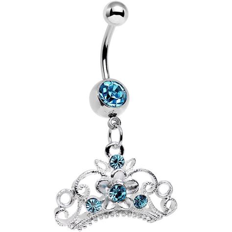 Aqua Gem Ornate Imperial Crown Dangle Belly Ring Dangle Belly Rings Belly Rings Body Jewelry