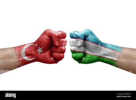 Two Hands Punch To Each Others On White Background Country Flags