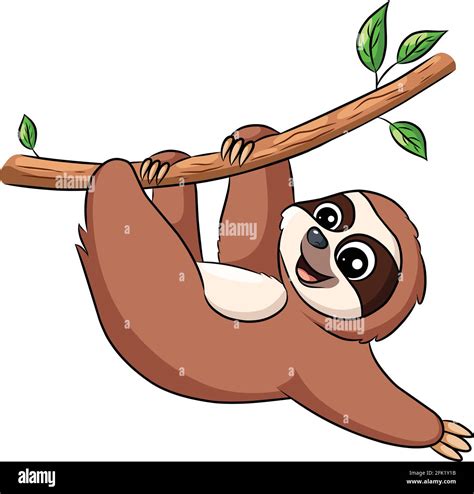 Cute Sloth Hanging On A Tree Cartoon Illustration Stock Vector Image