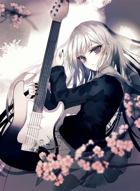 Wallpaper Anime Girls Original Characters White Hair Guitar