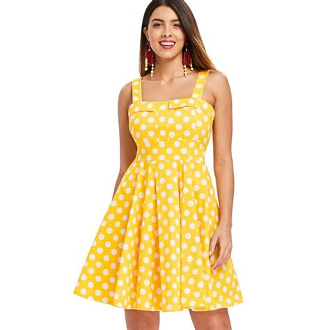 Wipalo Plus Size Yellow Polka Dot Print Pleated Vintage Party Dress