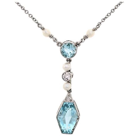 Art Deco Aquamarine Diamond And Pearl Necklace At 1stdibs