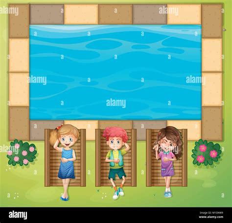 Three Kids Having Fun By The Pool Illustration Stock Vector Image And Art
