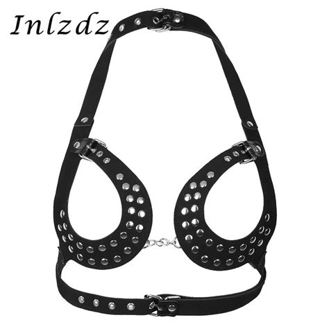 Women S Erotic Lingerie Sex Bra Leather Body Chain Harness Bra Belt With Buckles Rivets Open Cup