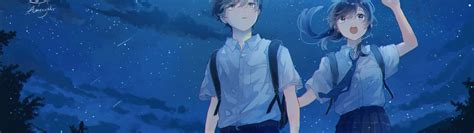 Download 3840 X 1080 Anime Couple Blue Night Hd Wallpaper
