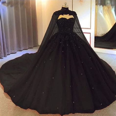 2021 Black Ball Gown Gothic Wedding Dresses With Cape Sweetheart Beaded