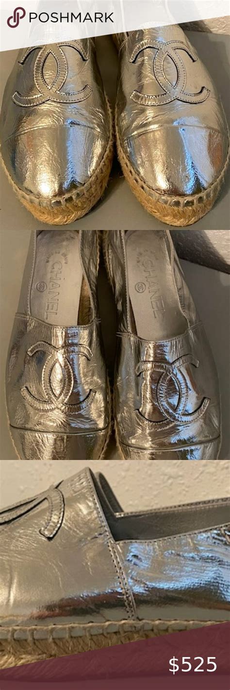 Authentic Chanel Laminated Silver Leather Espadrilles Leather