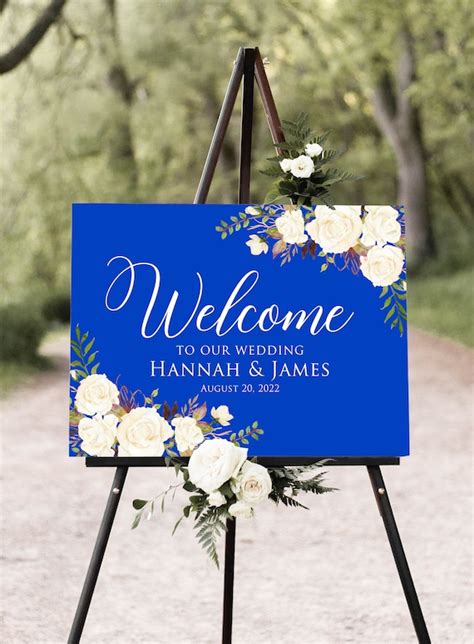 Royal Blue Wedding Welcome Sign Blue and White Flowers | Etsy