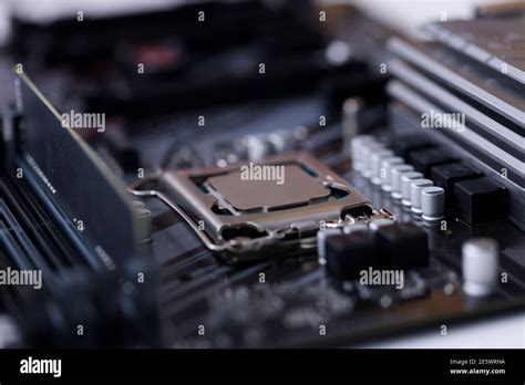 Closeup Of Black Motherboard With Installed Processor Stock Photo Alamy