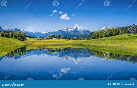 Idyllic Summer Landscape With Clear Mountain Lake In The Alps Stock
