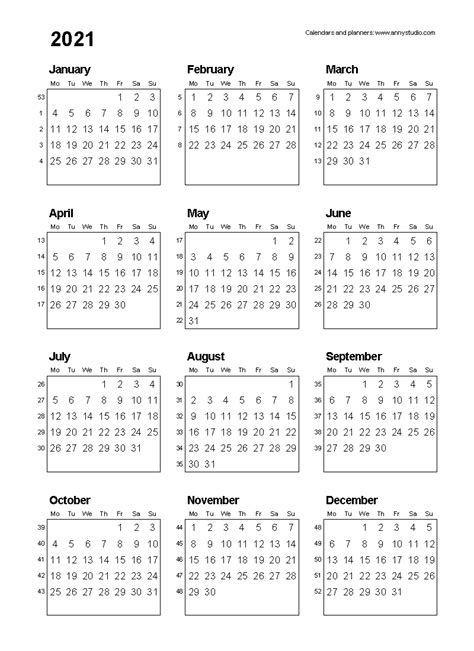 12 Month 2021 Printable Calendar Type On Template Calendar Design