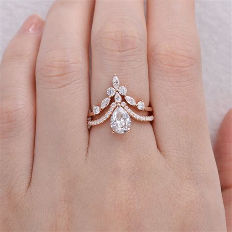 Pear Shaped Moissanite Engagement Ring Set Rose Gold Bridal Etsy In