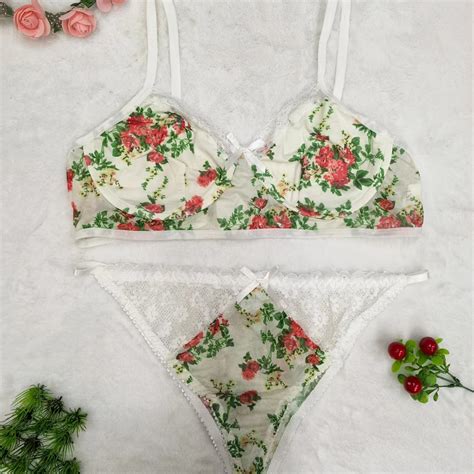 Plus Size Floral Print Contrast Lace Semi Sheer Bra Panties Sexy