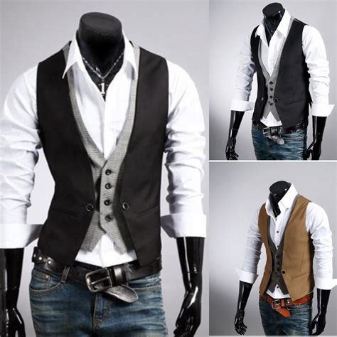 Mens Casual Fashion V Neck Double Layered Fit Vest Waistcoat Slim Jacket Tops Ebay