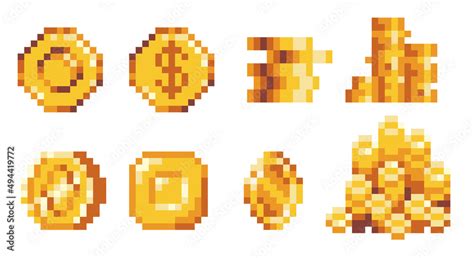 Golden Coins Pixel Art Set Medals Treasure Reward Stack Of Money