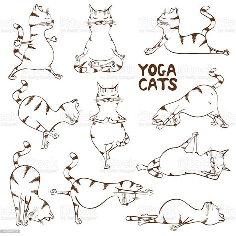 Set Of Isolated Funny Sketch Cats Icons Doing Yoga Position Funny
