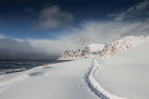 Amazing Winter Landscape Of The Ocean With Snow Trails Stock Photo