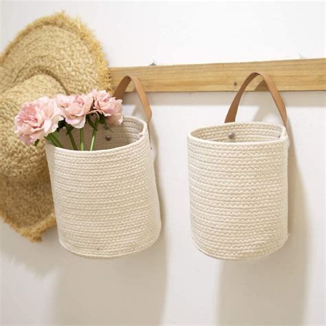 Wall Hanging Storage Baskets Set Of 2 Small Cotton Rope Etsy