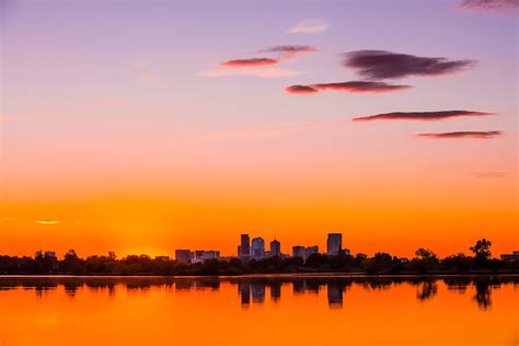 Sunrise At Sloans Lake With Downtown Denver In Background Colorado Usa