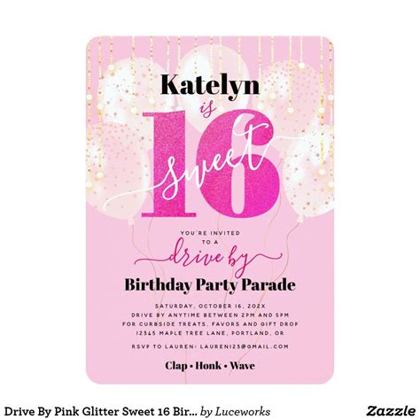 Drive By Pink Glitter Sweet 16 Birthday Balloons Invitation Zazzle