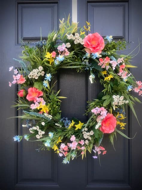 Reserved Spring Wreath Blue Yellow Peach Door Wreath Spring Etsy