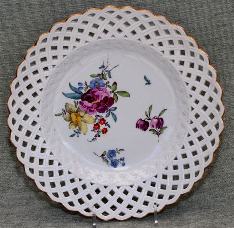 Antique Meissen Porcelain Plate With Flowers And Reticulated Edge From