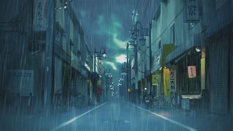 Asian Japan Street Cityscape Clouds Rain Landscape Illustration